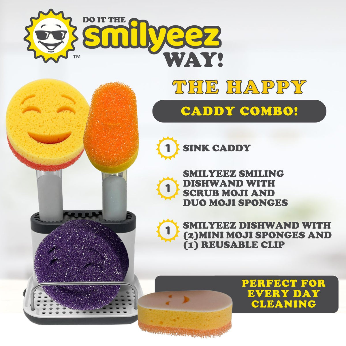 Scrub Moji - Smiling Sponge Handle - Mini Moji Dishwand Caddy Kit