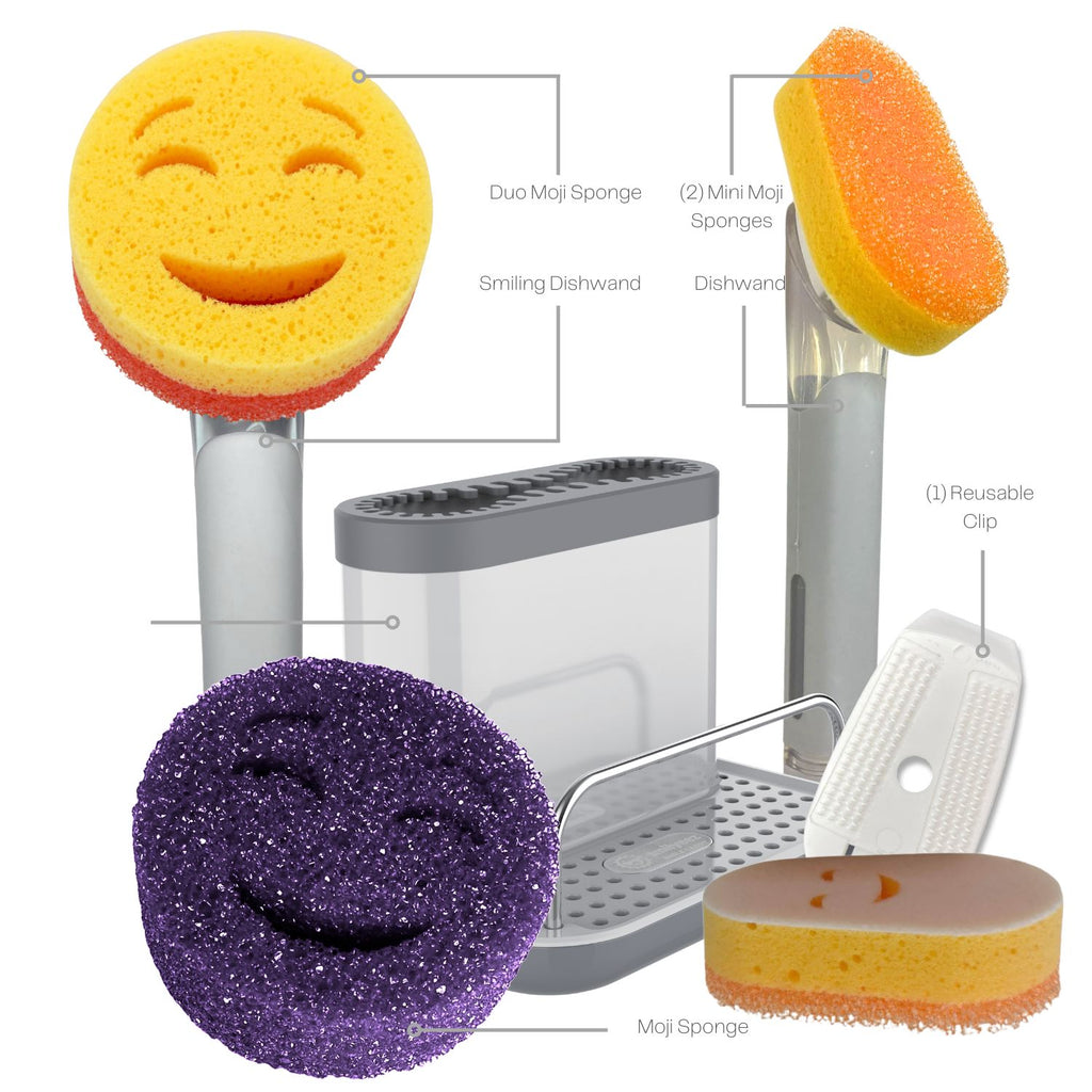 Scrub Moji - Smiling Sponge Handle - Mini Moji Dishwand Caddy Kit