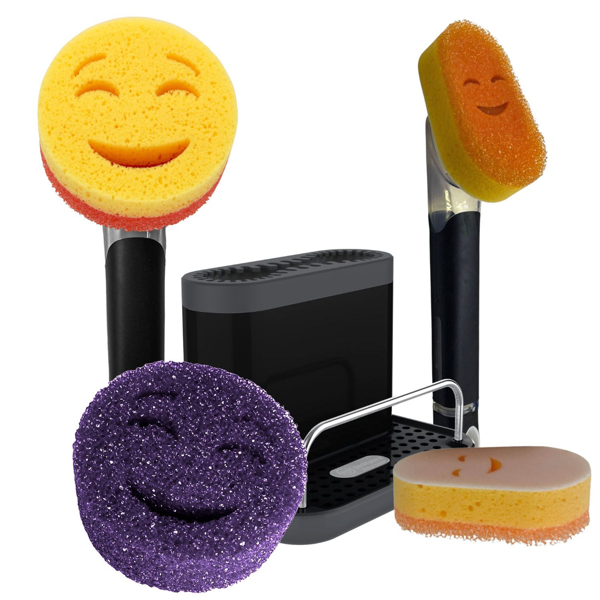 Scrub Moji - Smiling Sponge Handle - Mini Moji Dishwand Caddy Kit