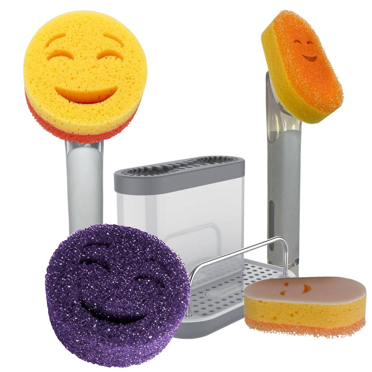 Scrub Moji - Smiling Sponge Handle - Mini Moji Dishwand Caddy Kit